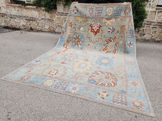 8x10 ft Turkish Oushak Wool Rug – Blue & Terracotta, Living Room