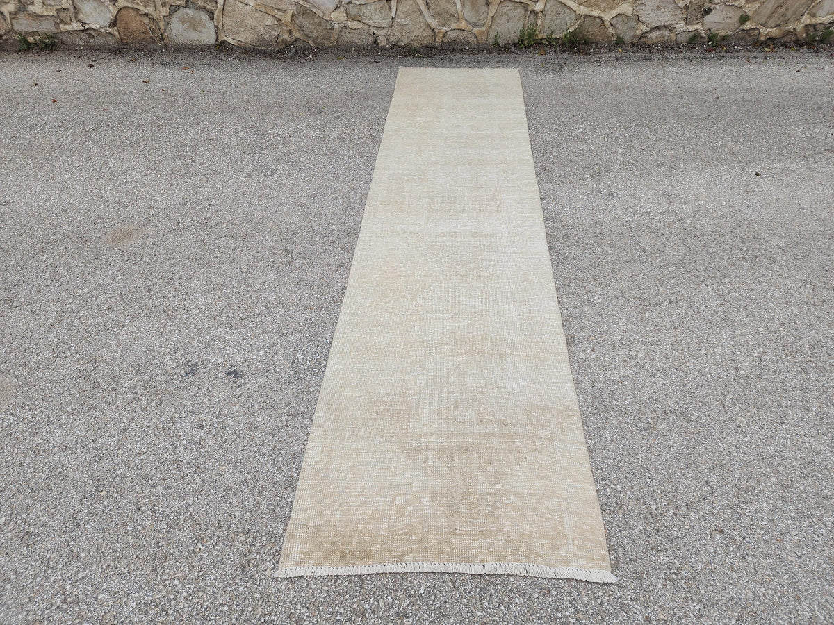 Beige Wool Runner Rug 2x11: Hand Knotted Turkish Geometric Hallway Rug