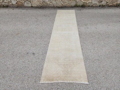Beige Wool Runner Rug 2x11: Hand Knotted Turkish Geometric Hallway Rug