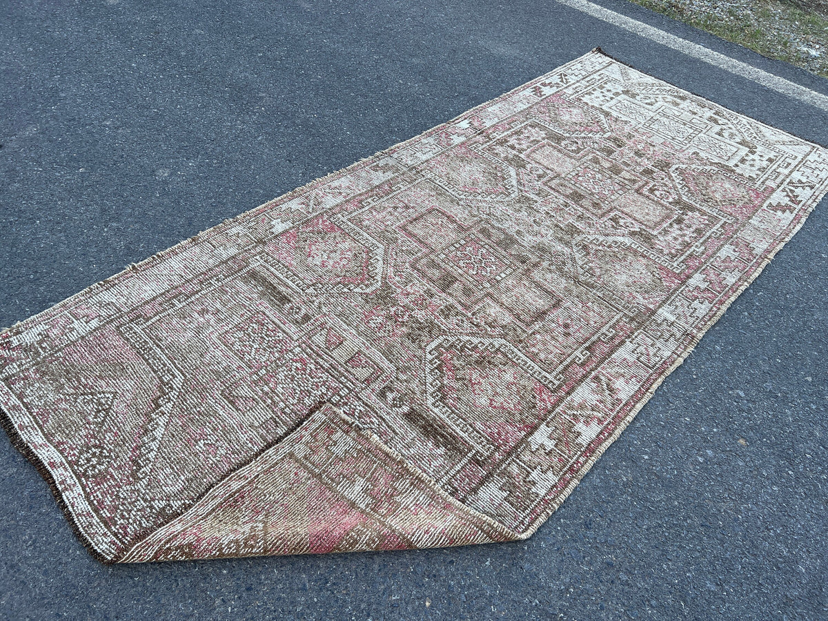 Handwoven Wool Turkish Rug 4x10: Neutral Bohemian Entry Rug