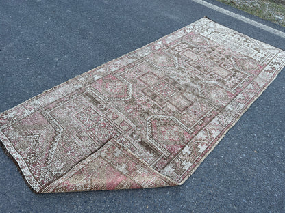 Handwoven Wool Turkish Rug 4x10: Neutral Bohemian Entry Rug