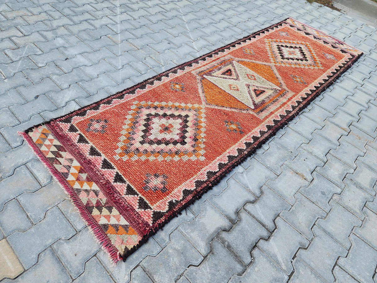 Vintage Herki Wool Runner Rug: 2.8x9 Orange Bohemian Rug