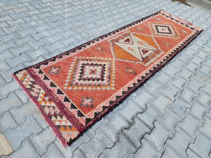 Vintage Herki Wool Runner Rug: 2.8x9 Orange Bohemian Rug