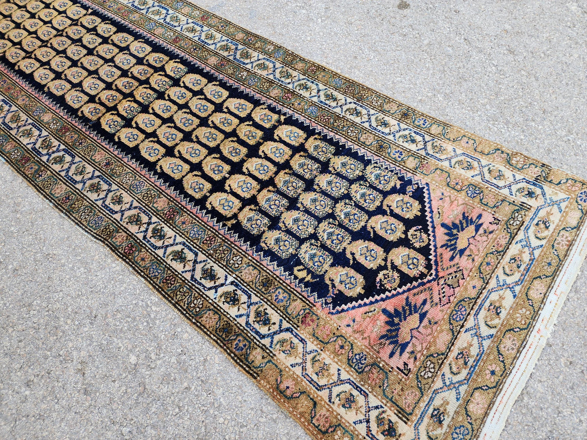 Antique Caucasian Runner Rug 3x17 ft | 100-Year-Old Hand-Knotted Wool Rug | Navy Blue Floral Gallery Runner