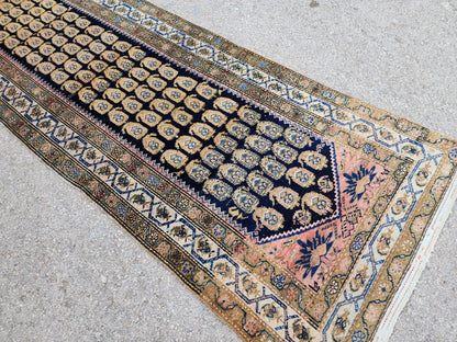 Antique Caucasian Runner Rug 3x17 ft | 100-Year-Old Hand-Knotted Wool Rug | Navy Blue Floral Gallery Runner