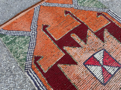3x10 Herki Runner Rug: Vintage Handwoven Wool in Burnt Orange and Green Tribal Motifs