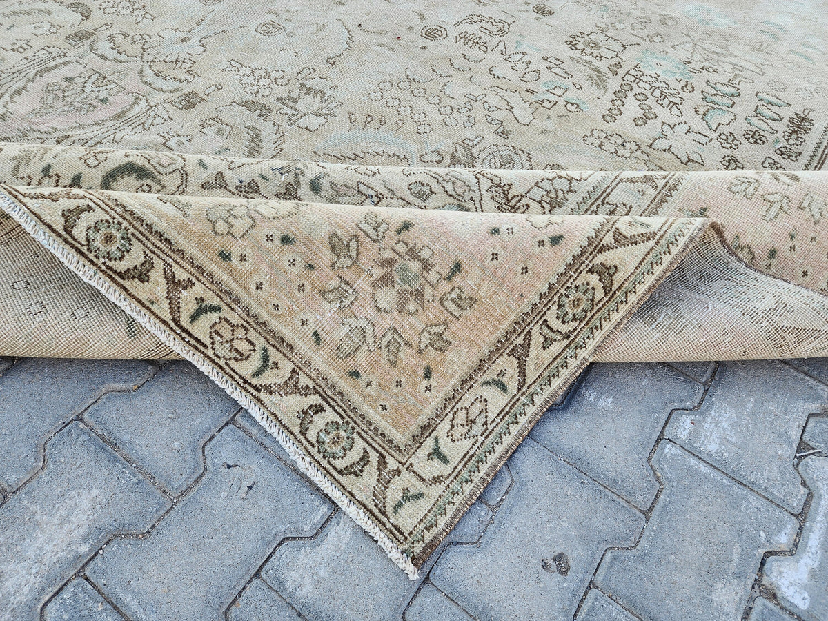 Hand Knotted Wool Area Rug 10x13: Beige Bohemian Patterned Rug