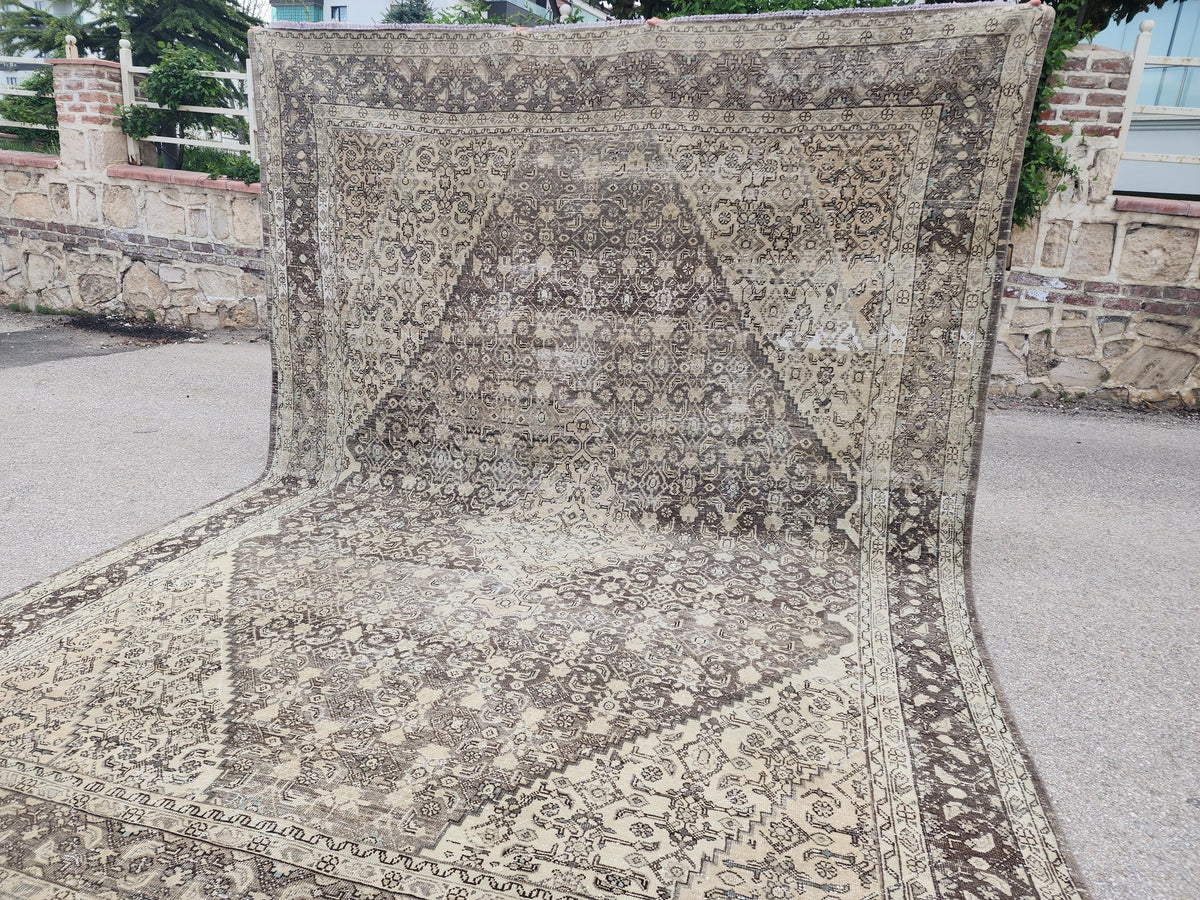 9x12 Traditional Vintage Rug: Geometric Brown Wool Design, Hand Knotted