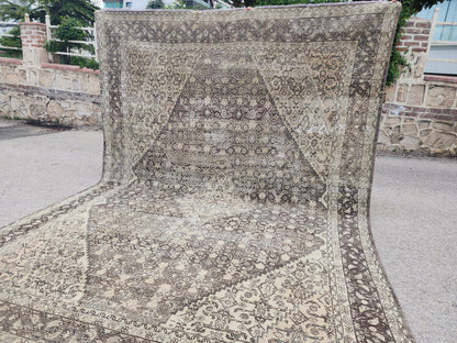 9x12 Traditional Vintage Rug: Geometric Brown Wool Design, Hand Knotted