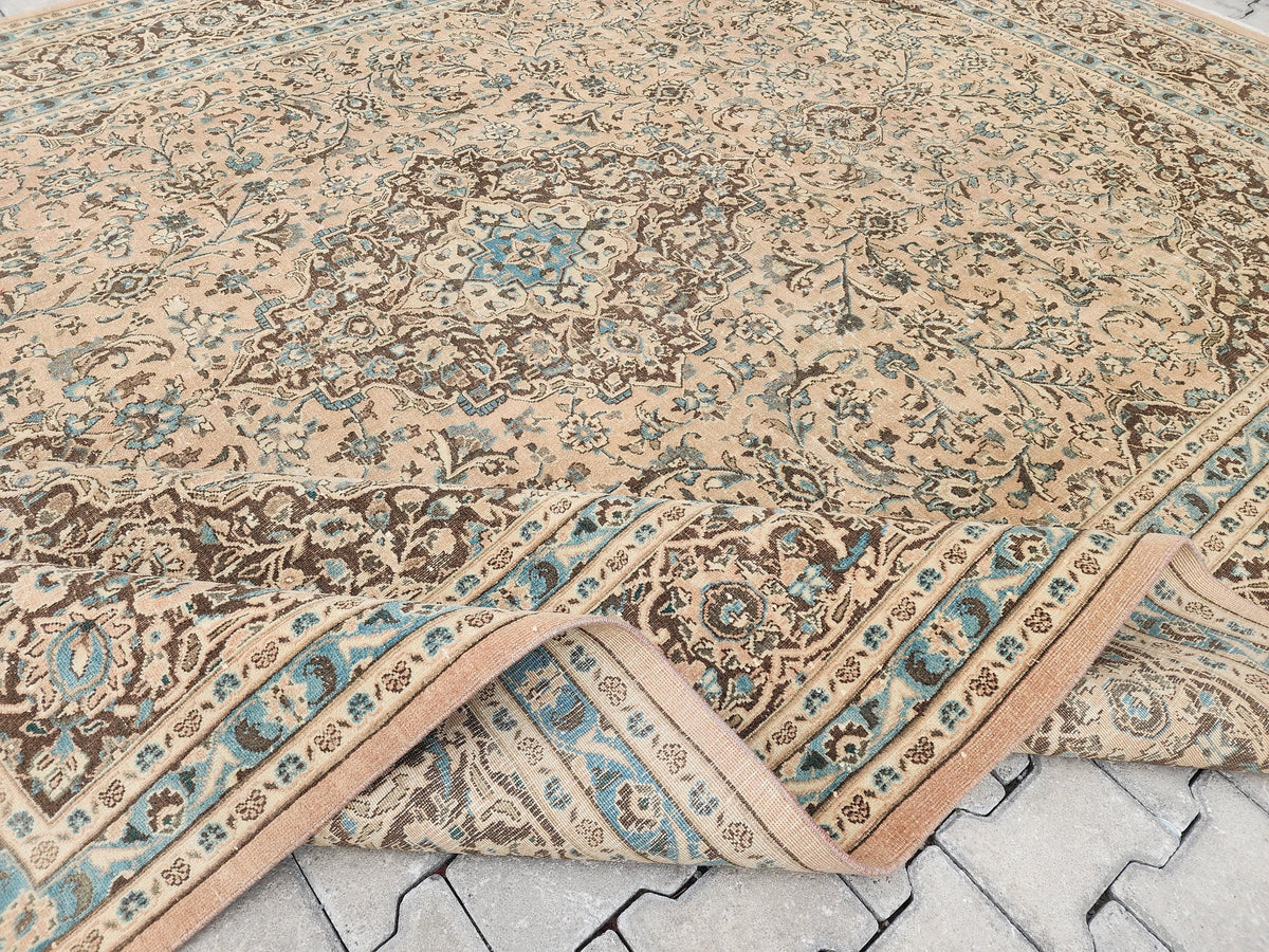 Neutral Persian Rug 9x12, Beige & Green Hand-Knotted, Neutral Living Room Decor