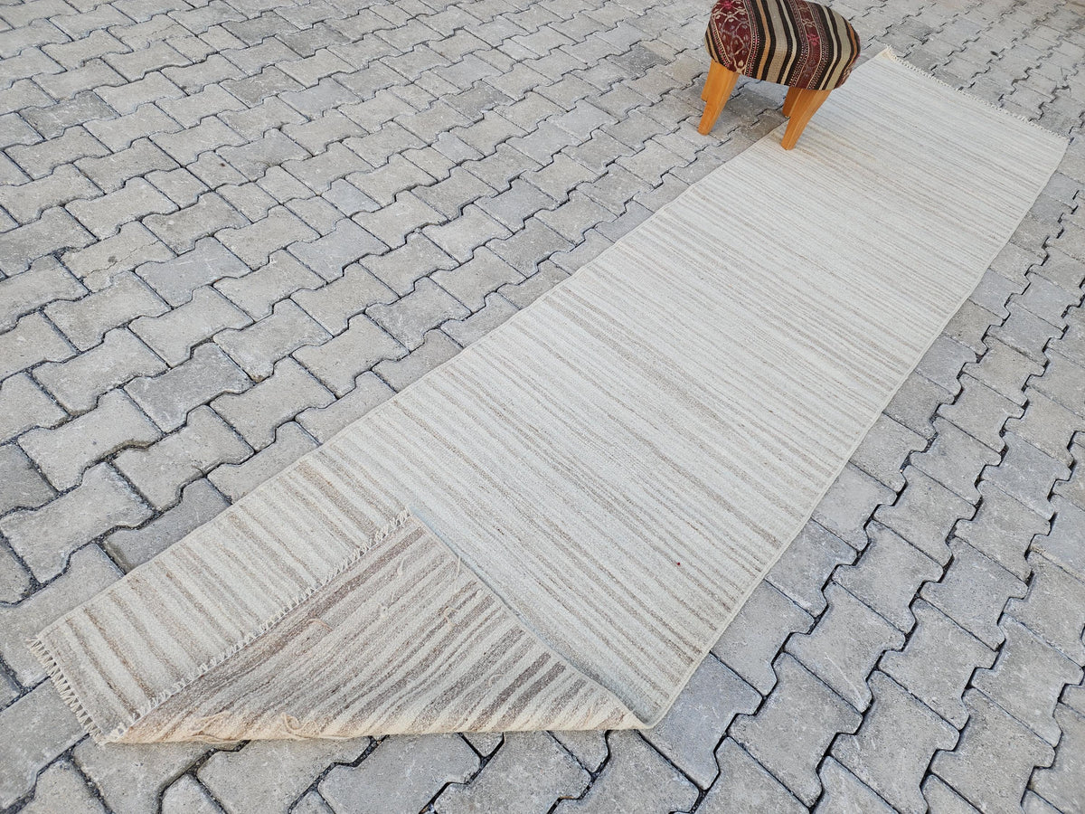 2x11 Neutral Turkish Kilim Runner Rug: Hand-Knotted Wool, Bohemian Hallway Decor
