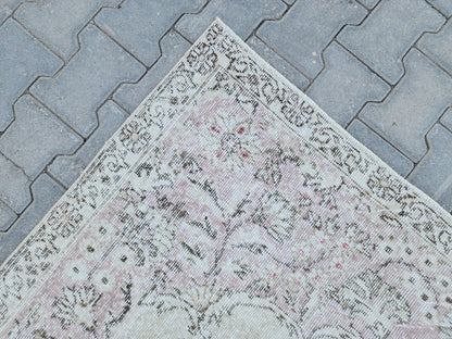 7x10 Oushak Rug: Beige Traditional Patterned Wool Carpet