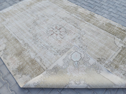 Neutral Oushak Rug 7x10: Green Faded Handwoven Area Rug