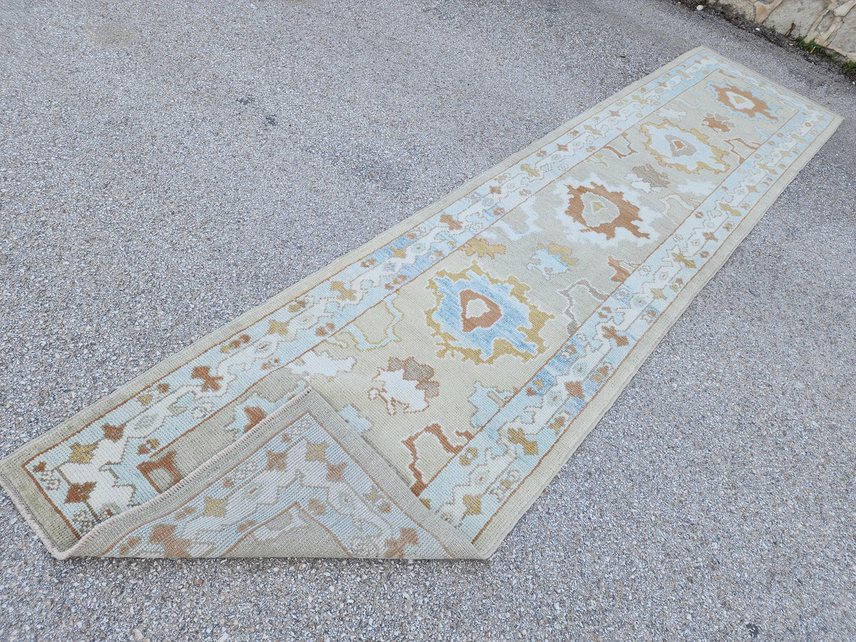 Handwoven Wool Oushak Runner Rug: 3x13 Turkish Entry Rug, Hallway Rustic Decor