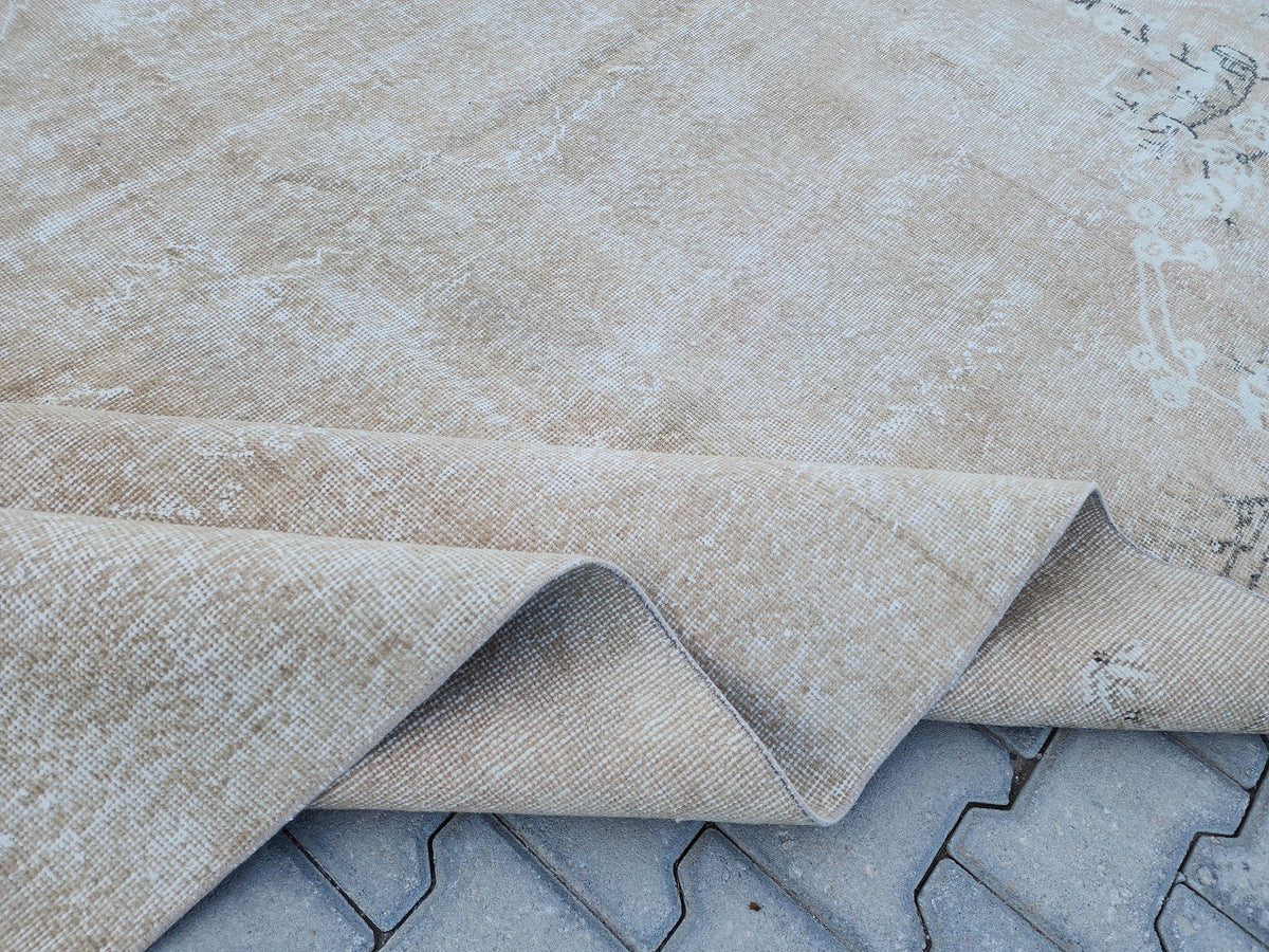 7x10 Vintage Oushak Rug: Neutral Beige Turkish Hand-Knotted Rug