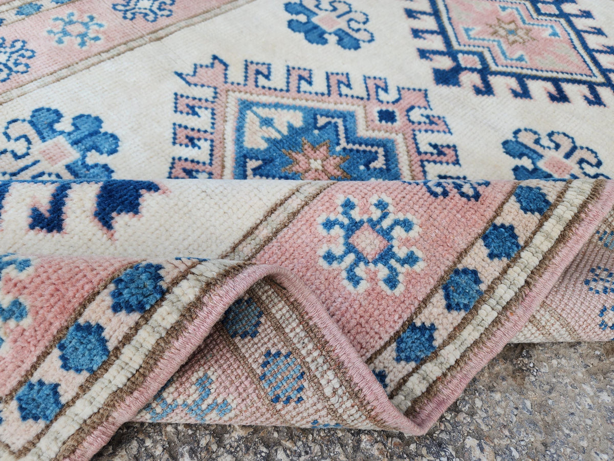 3x5 Anatolian Rug, Bohemian Turkish Hand Made Wool Carpet, Beige and Blue Color