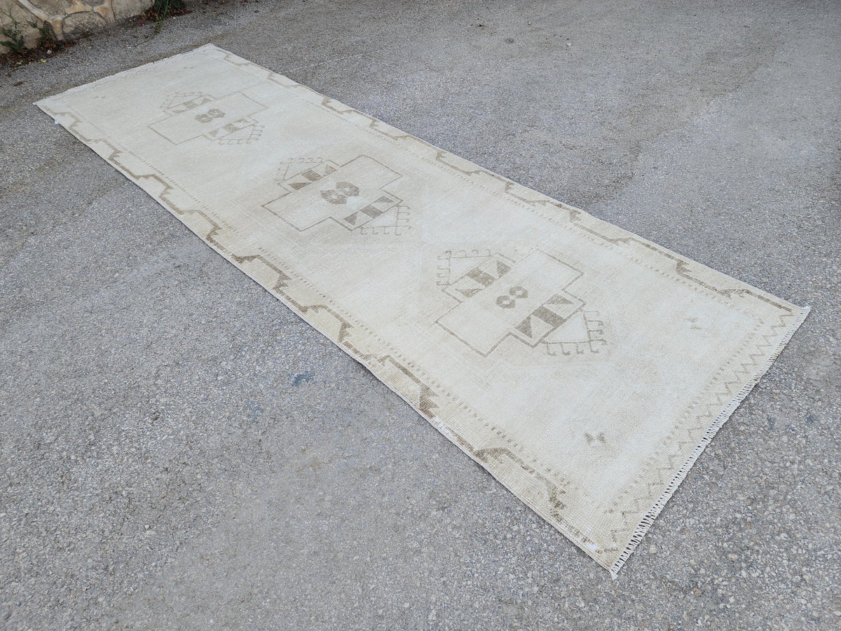 3x11 Turkish Runner Rug, Beige and Brown Hallway Carpet, Kitchen Soft Neutral Decor