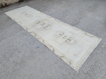 3x11 Turkish Runner Rug, Beige and Brown Hallway Carpet, Kitchen Soft Neutral Decor