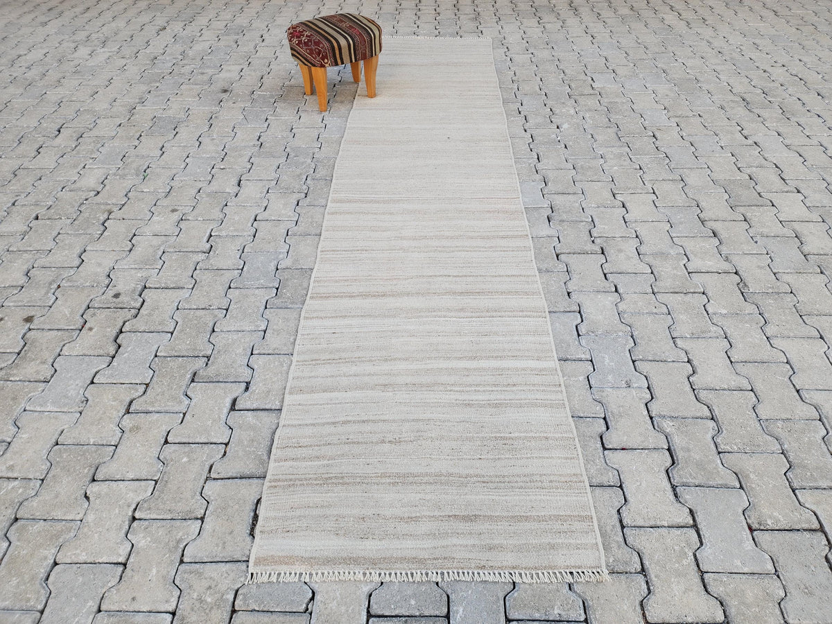 Vintage Neutral Kilim Runner Rug 2.7x11, Handwoven Wool Hallway Rug