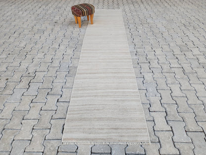 Vintage Neutral Kilim Runner Rug 2.7x11, Handwoven Wool Hallway Rug