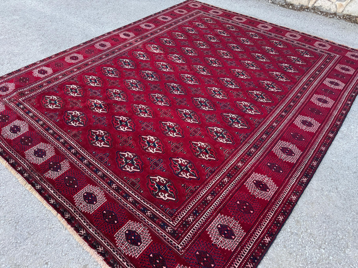 7x9 Handwoven Turkish Wool Rug: Vintage Red Accent Rug
