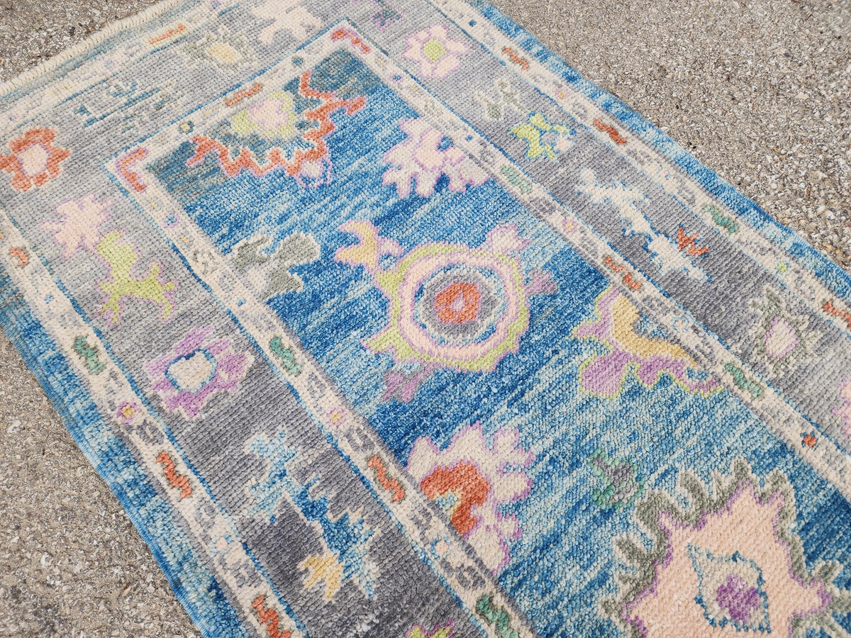 3x6 Handwoven Wool Oushak Runner Rug: Boho Patina Blue Home Textiles