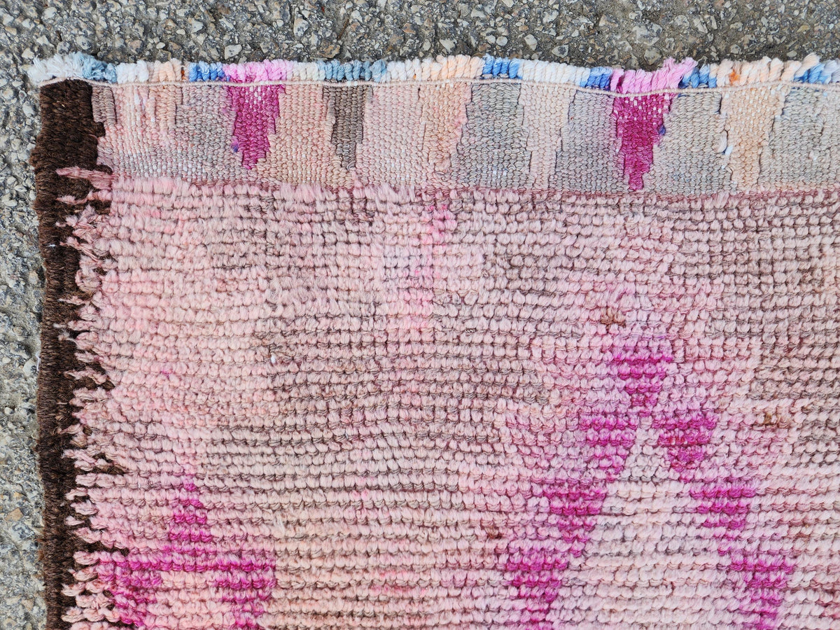 Herki Pink Runner Rug 2.7x10 ft, Turkish Wool Hand Made Carpet, Home Rustic Hallway Decor