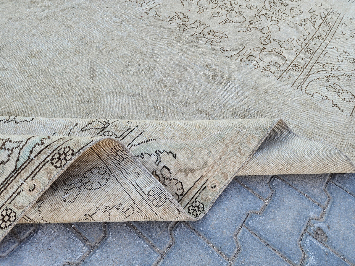 Vintage Hand Knotted Wool Rug 9×12, Persian Beige Oriental Traditional Carpet