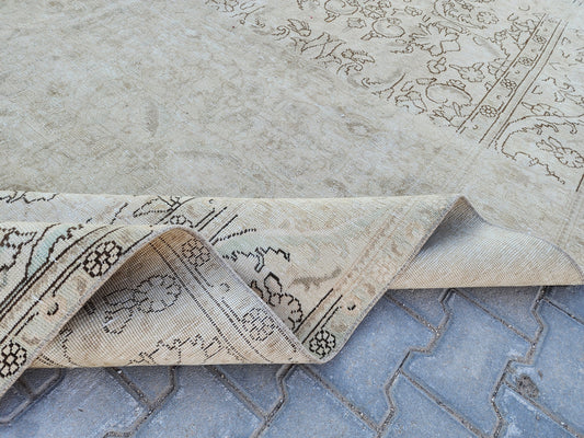 Vintage Hand Knotted Wool Rug 9×12, Persian Beige Oriental Traditional Carpet