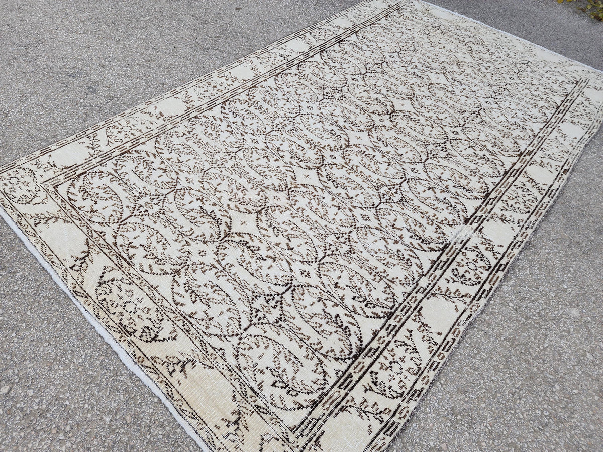 5x9 Oushak Turkish Hand Made Rug, Bohemian Beige and Brown, Rustic Farmhouse Decor Rug