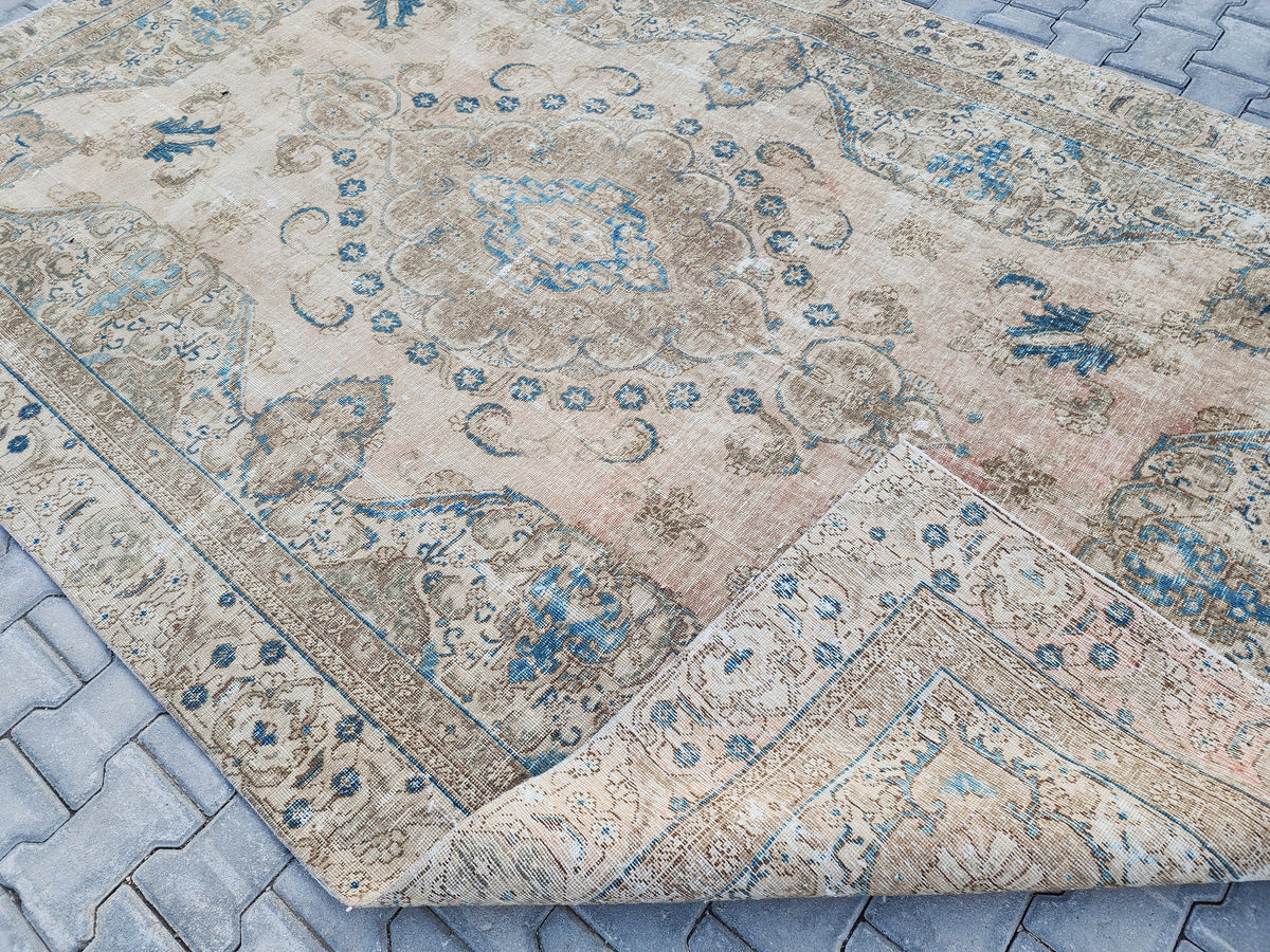 6x10 Turkish Area Rug, Beige and Blue Color, Dining Room Wool Hand Knotted Decor