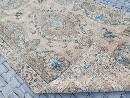 6x10 Turkish Area Rug, Beige and Blue Color, Dining Room Wool Hand Knotted Decor
