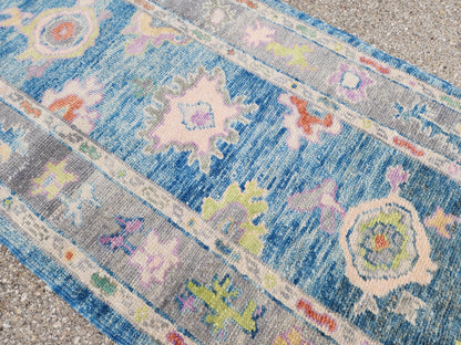3x6 Handwoven Wool Oushak Runner Rug: Boho Patina Blue Home Textiles