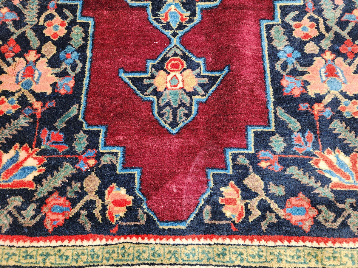 4x6 Vintage Casucacian Rug, 1980s Handmade Wool Carpet, Burgundy Navy Floral Medallion Area Rug