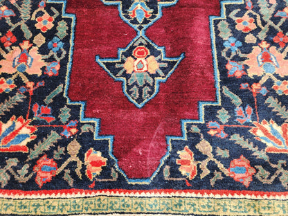 4x6 Vintage Casucacian Rug, 1980s Handmade Wool Carpet, Burgundy Navy Floral Medallion Area Rug