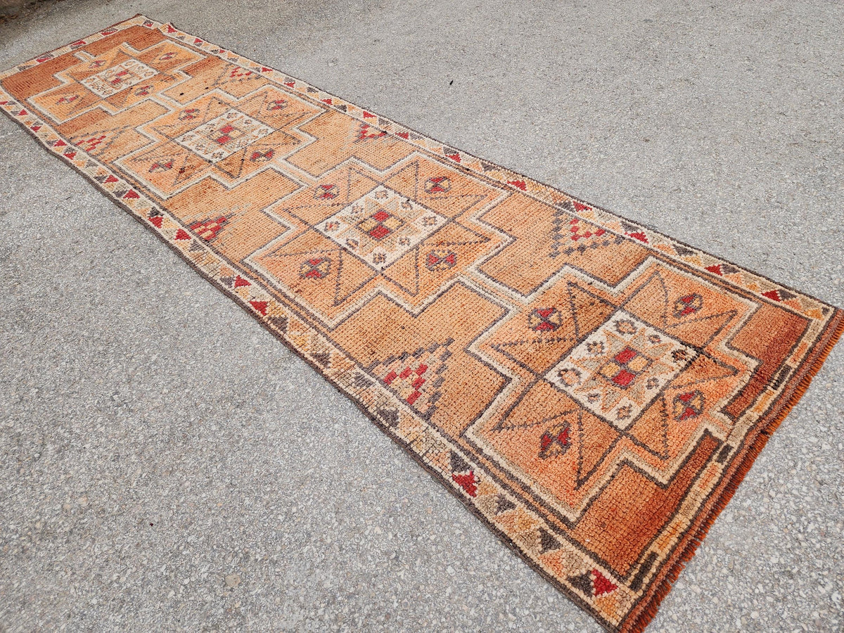 Orange Herki Runner Rug 3x11, Wool on Wool Oriental Decor, Turkish Hand Made, Kitchen Decor