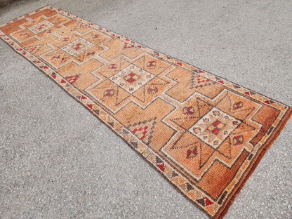 Orange Herki Runner Rug 3x11, Wool on Wool Oriental Decor, Turkish Hand Made, Kitchen Decor