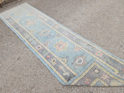 3x10 Handwoven Oushak Wool Runner Rug: Pastel Blue Floral Hallway Rug, Home Rustic Decor