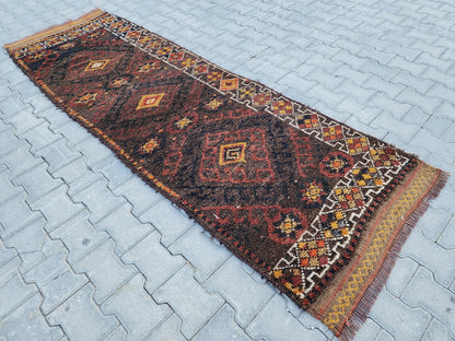3x9 Vintage Herki Wool Runner Rug: Turkish Bohemian Hallway Rug