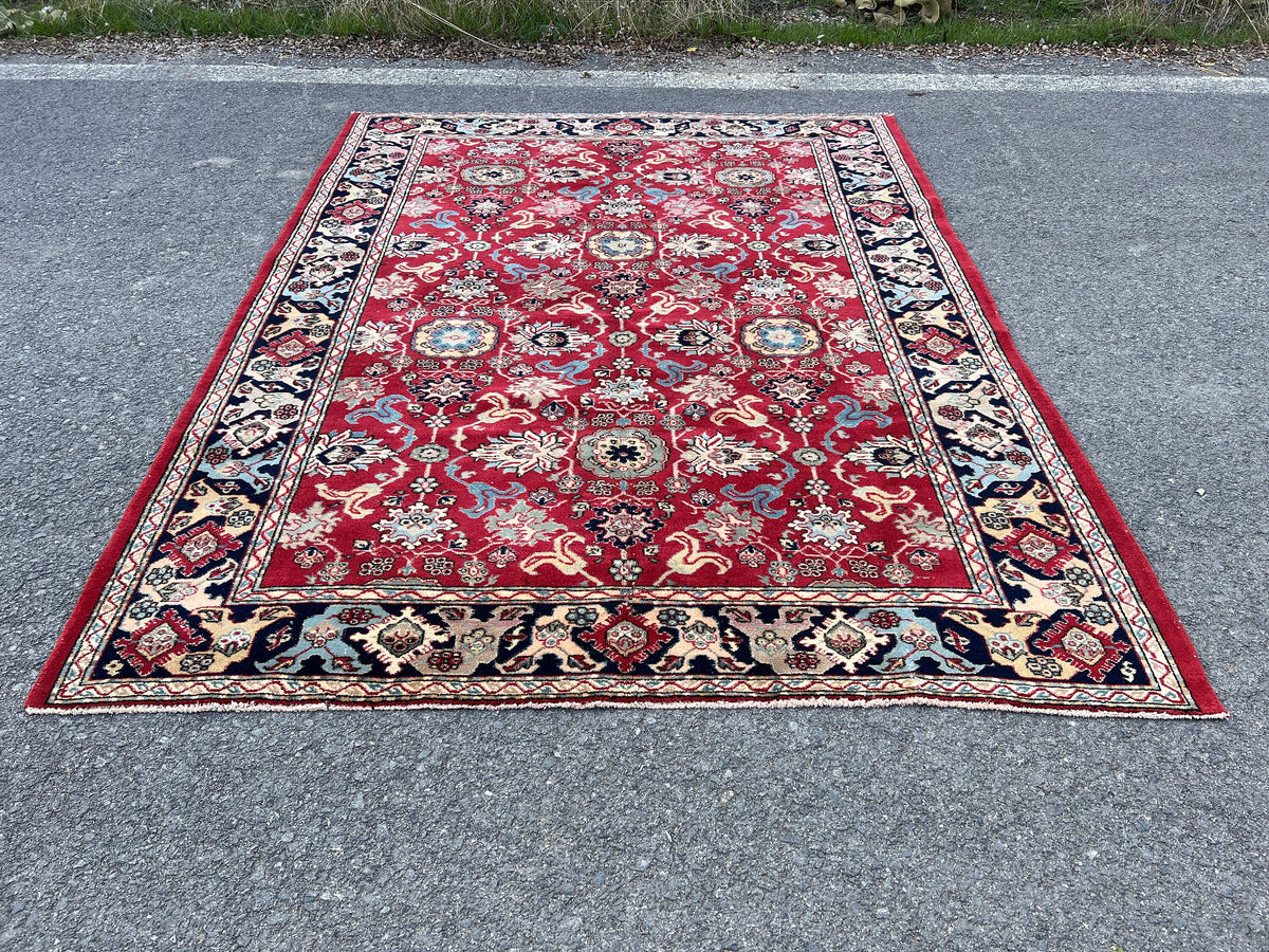 6x8 Vintage Oushak Rug: Red Wool Traditional Carpet