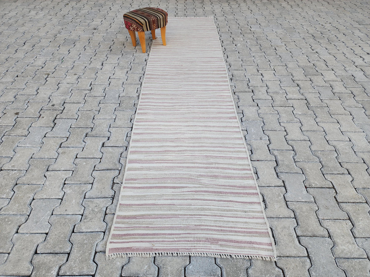 2x11 Hand Knotted Turkish Kilim Runner Rug: Neutral Farmhouse Decor