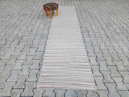 2x11 Hand Knotted Turkish Kilim Runner Rug: Neutral Farmhouse Decor