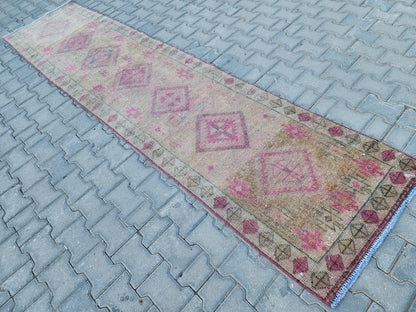 3x11 Hand Made Rustic Rug, Turkish Wool Runner Rug, Hallway Design