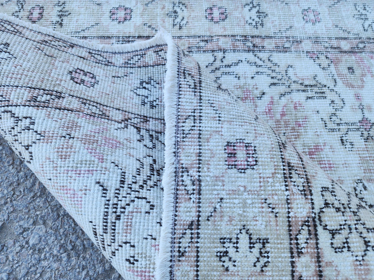 Neutral Wool Rug 4x7: Turkish Oushak Hand Knotted, Floral Design