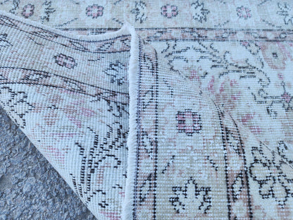 Neutral Wool Rug 4x7: Turkish Oushak Hand Knotted, Floral Design