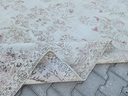 7x10 Oushak Rug: Beige Traditional Patterned Wool Carpet