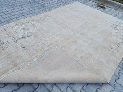 7x10 Vintage Oushak Rug: Neutral Beige Turkish Hand-Knotted Rug