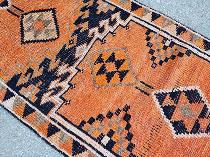 Herki Runner Rug 2x13, Hand Knotted Wool, Oriental Rustic Decor, Eco Friendly, Stair Runner