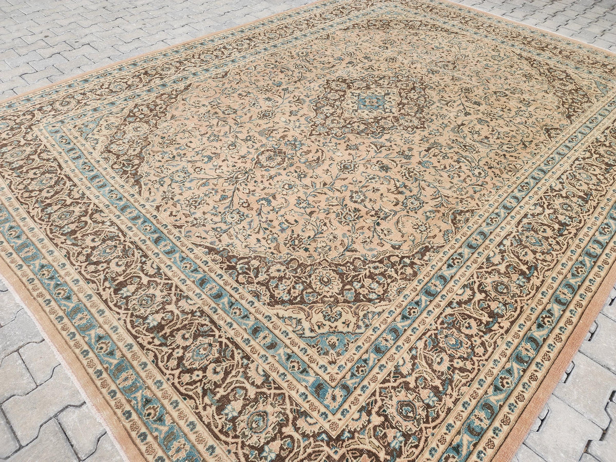 Neutral Persian Rug 9x12, Beige & Green Hand-Knotted, Neutral Living Room Decor
