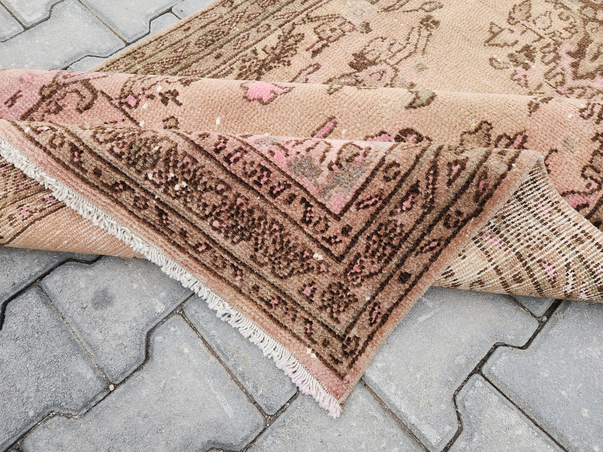 4x10 Wool Runner Rug: Vintage Hand Knotted Beige, Pink, and Brown Floral Design